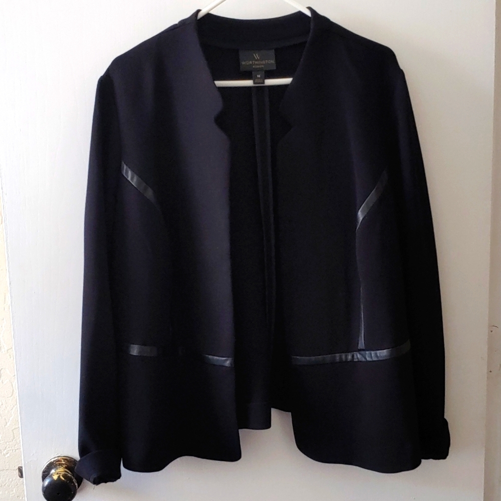 Worthington Woman black poly/spandex jacket faux leather accents 1x
